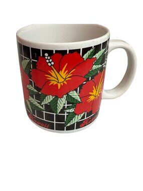 Vintage 1984 Hawaii SFBCO Floral Hibiscus Coffee Mug Yellow Red Black Cup 1980s